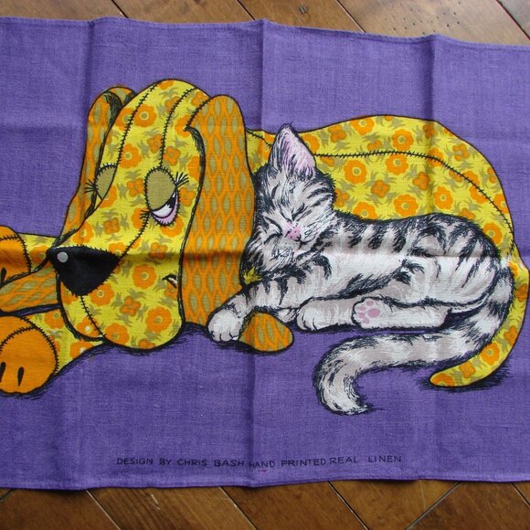 Vintage Linen Kitchen Tea Towel Chris Bash Calico Dog Cat NOS NEW OLD STOCK - Picture 3 of 5